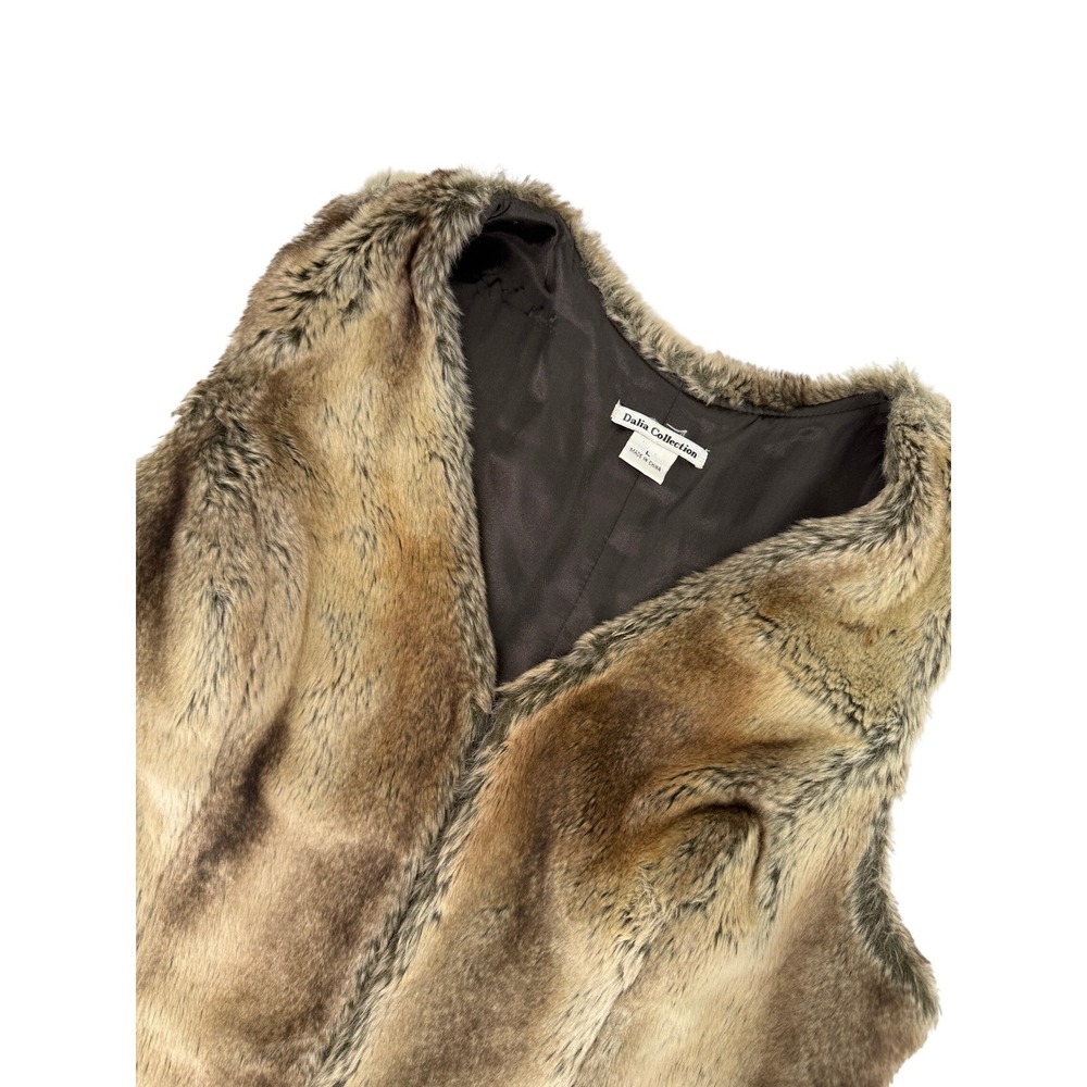 Dalia‎ Collection Faux Fur Vest Brown Tan Striped Boho Sleeveless Jacket Large